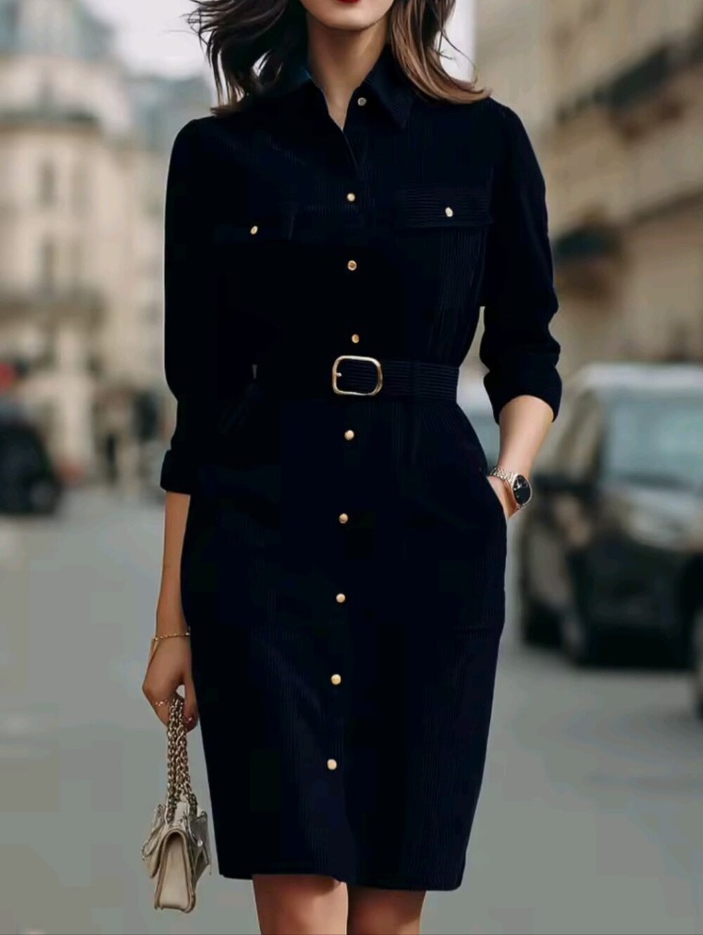Women's Point Collar Button Front Pocket Shirt Dress